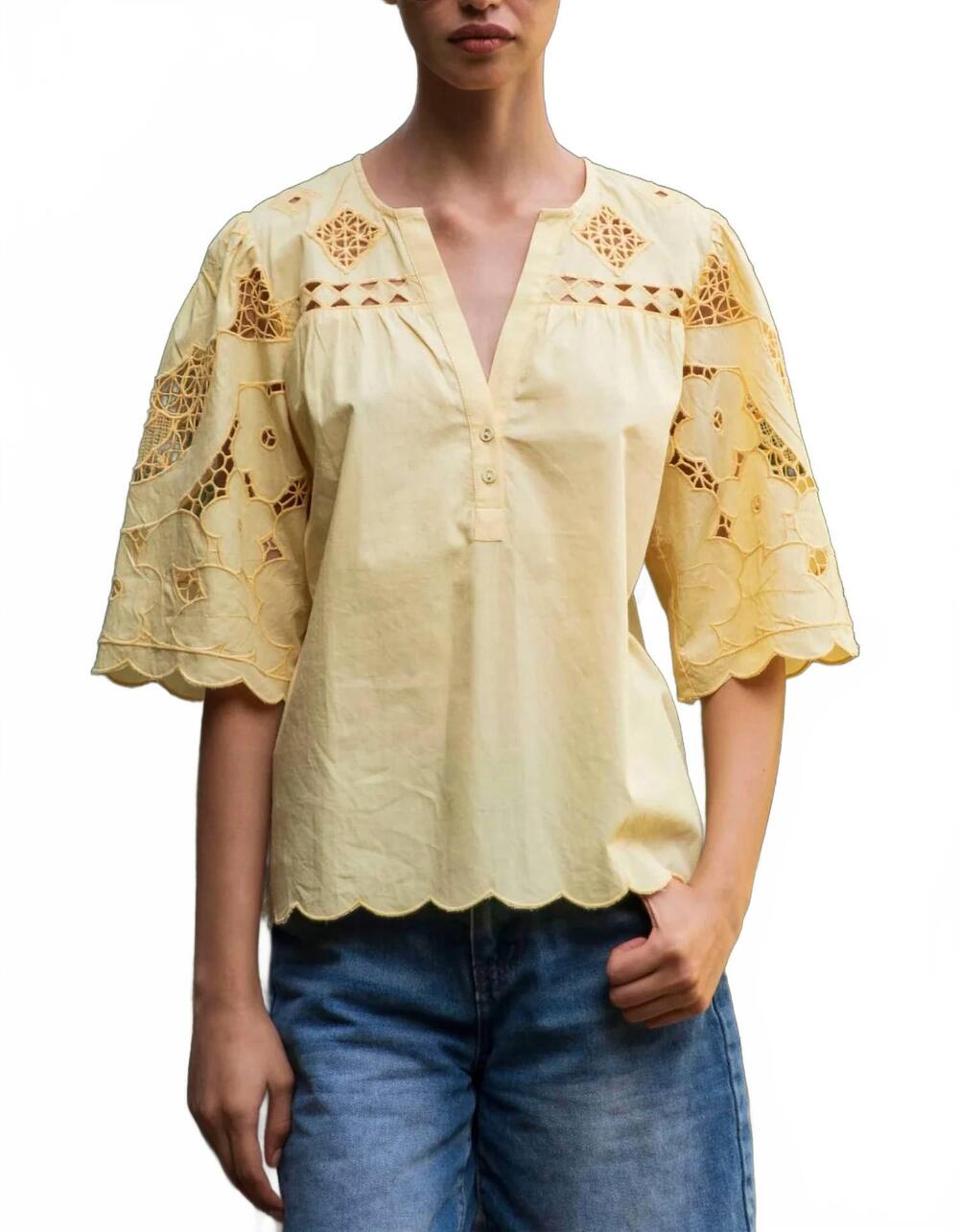 NEW ROSE AND ROSE delphinium cuckooo flower embroidered top in buttermilk